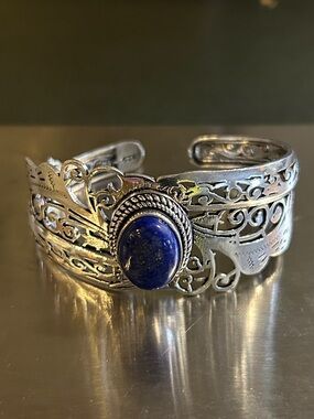 Silver Filigree Cuff Bracelet with Blue Lapis Stone 925 Sterling